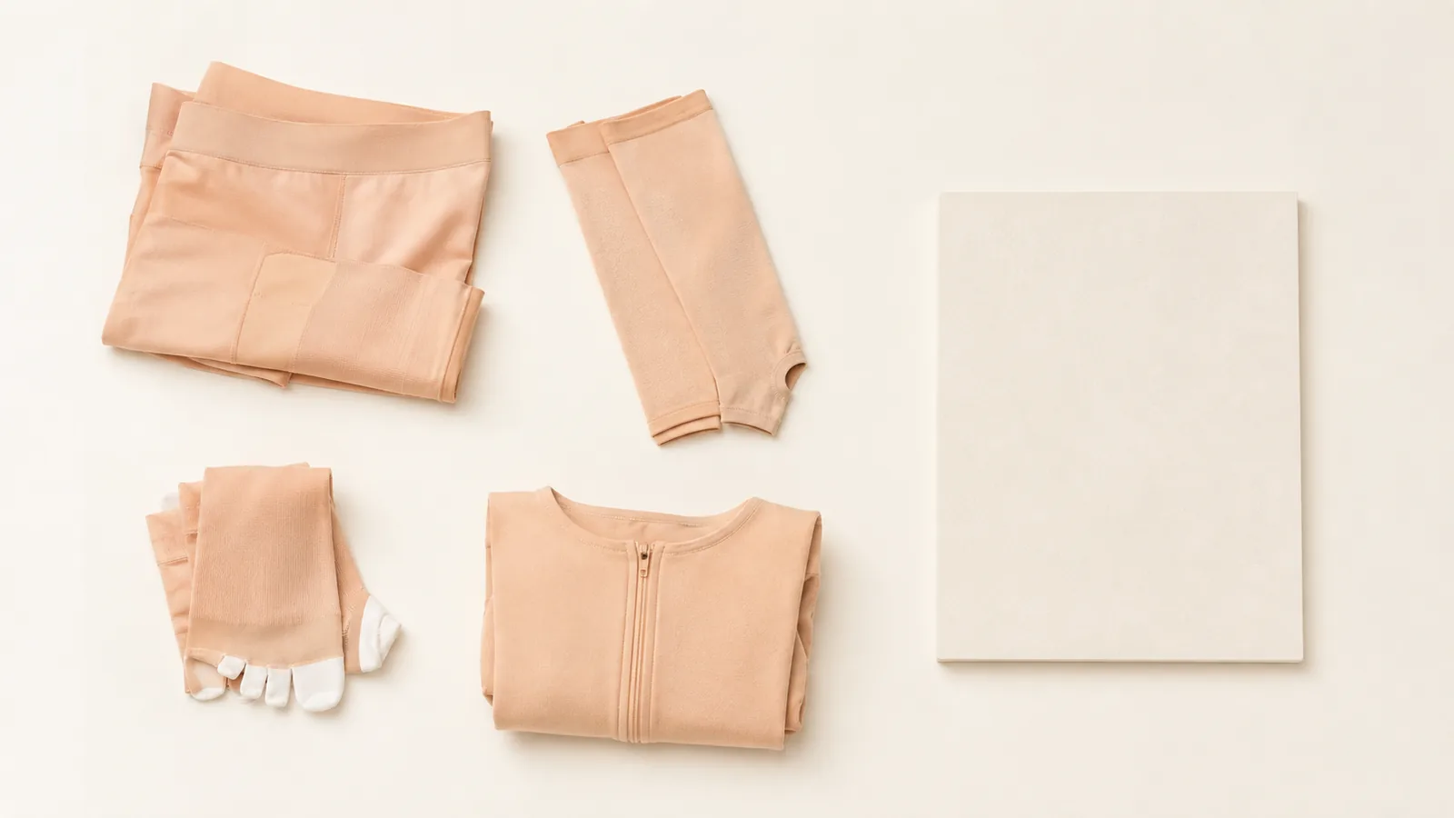 Folded post-surgical compression garments laid out flat
